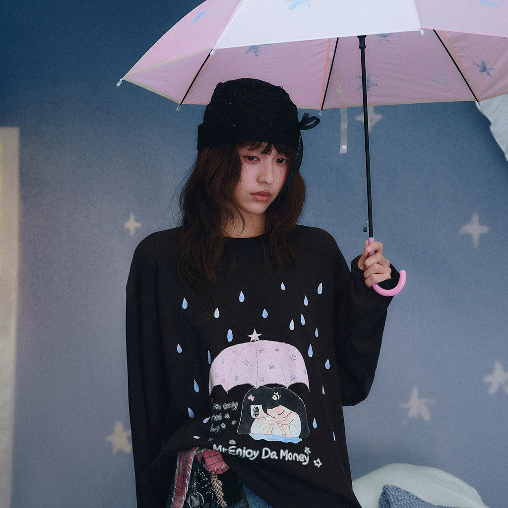 MEDM x Iria mailbox collaboration raindrop digital printing embroidery long sleeved cover shirt casual round neck top summer