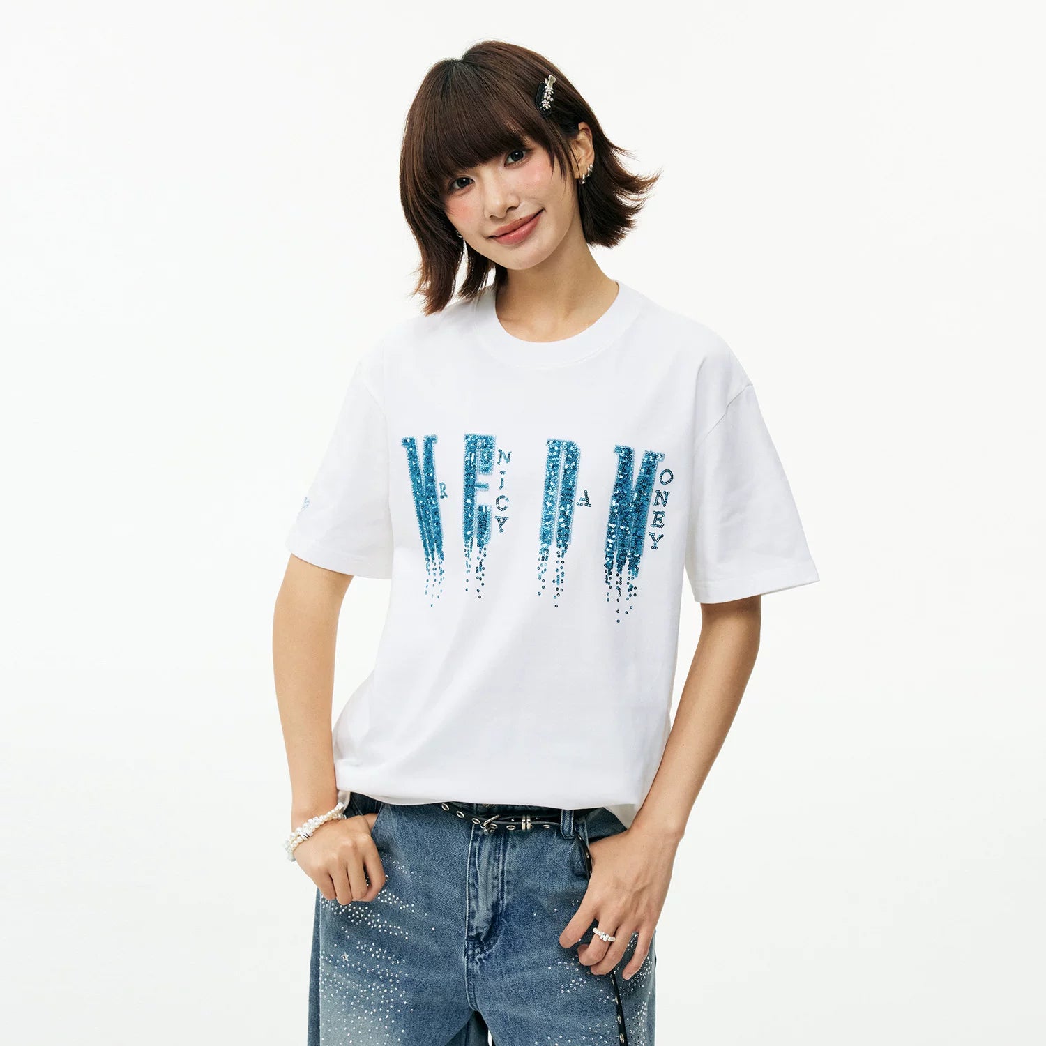 MEDM chest letter bead phantom casual round neck T-shirt trendy street style unisex loose short sleeved summer