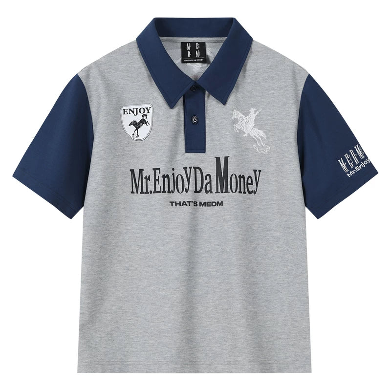MEDM Mustang Step Star Embroidered Casual Polo Short Sleeve Street Loose Personalized Contrast Splicing Collar Top Summer