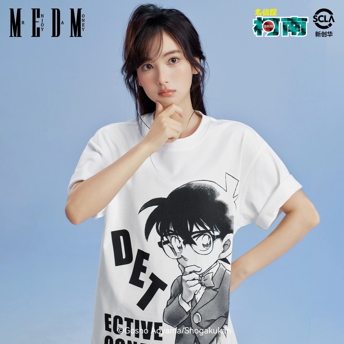MEDMx Detective Conan co branded black and white anime portrait print casual short sleeved basic versatile couple T-shirt
