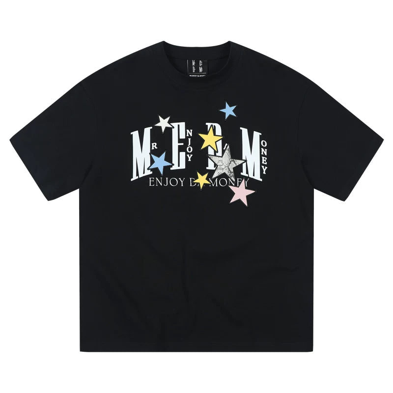 MEDM26SS snake pattern patchwork star short sleeved summer women's American design T-shirt men's casual couple top trendy