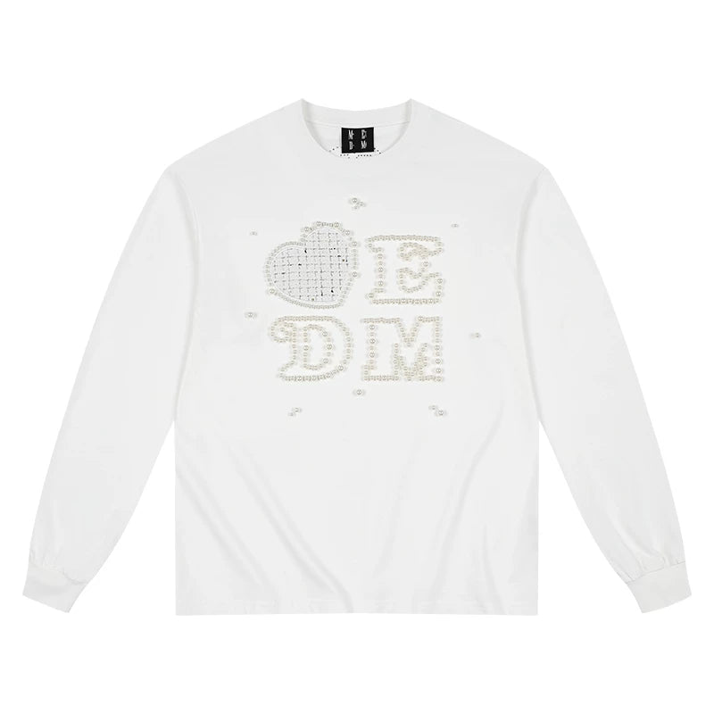 MEDM Love Sticker Small Fragrant Fabric Nail Bead Long Sleeve T-shirt Street Trendy Brand Couple Casual Bottom Shirt Top Autumn