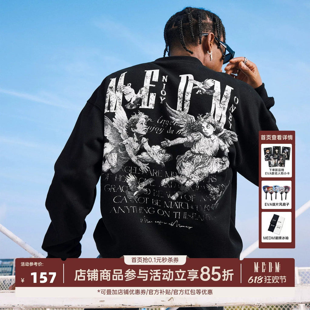 MEDM Personalized Angel Letter Printed Fabric Casual Round Neck Velvet Hoodie American Couple Hoodie Autumn