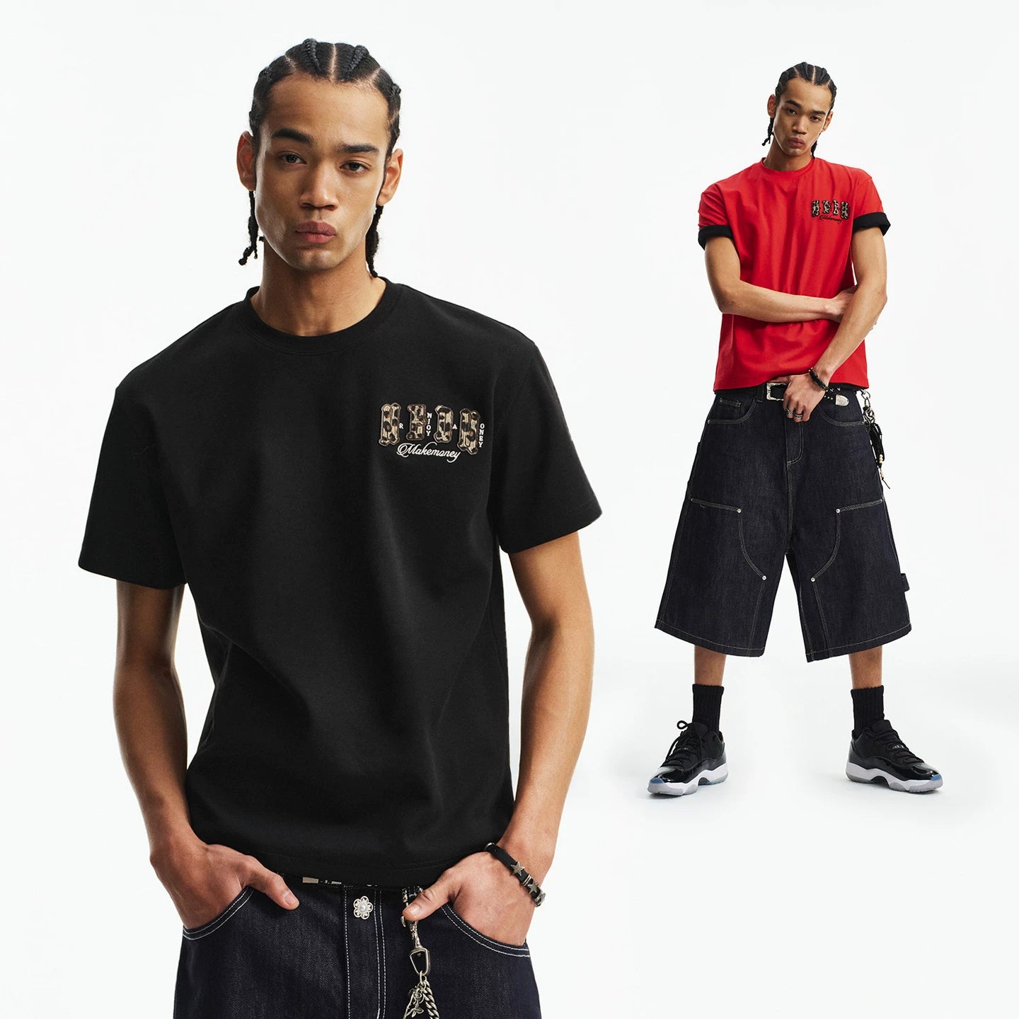 MEDM jelly air cotton double-layer leather small four character casual round neck short sleeved street versatile loose couple T-shirt summer