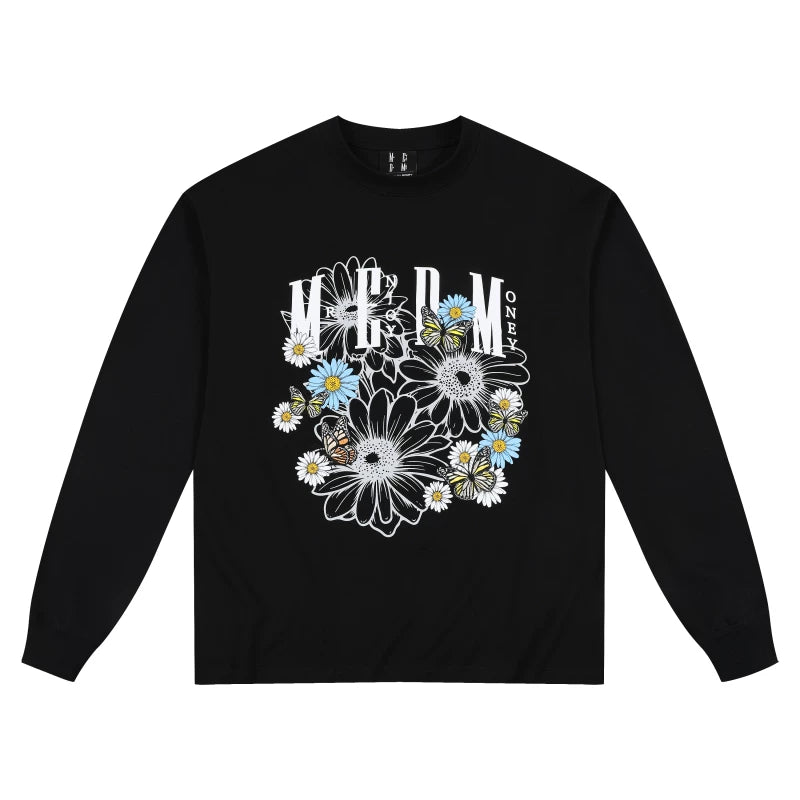 MEDM New Product Letter Color Flower Printed Round Neck Casual Long Sleeve T-shirt Trendy Brand Street Versatile Loose Couple Top
