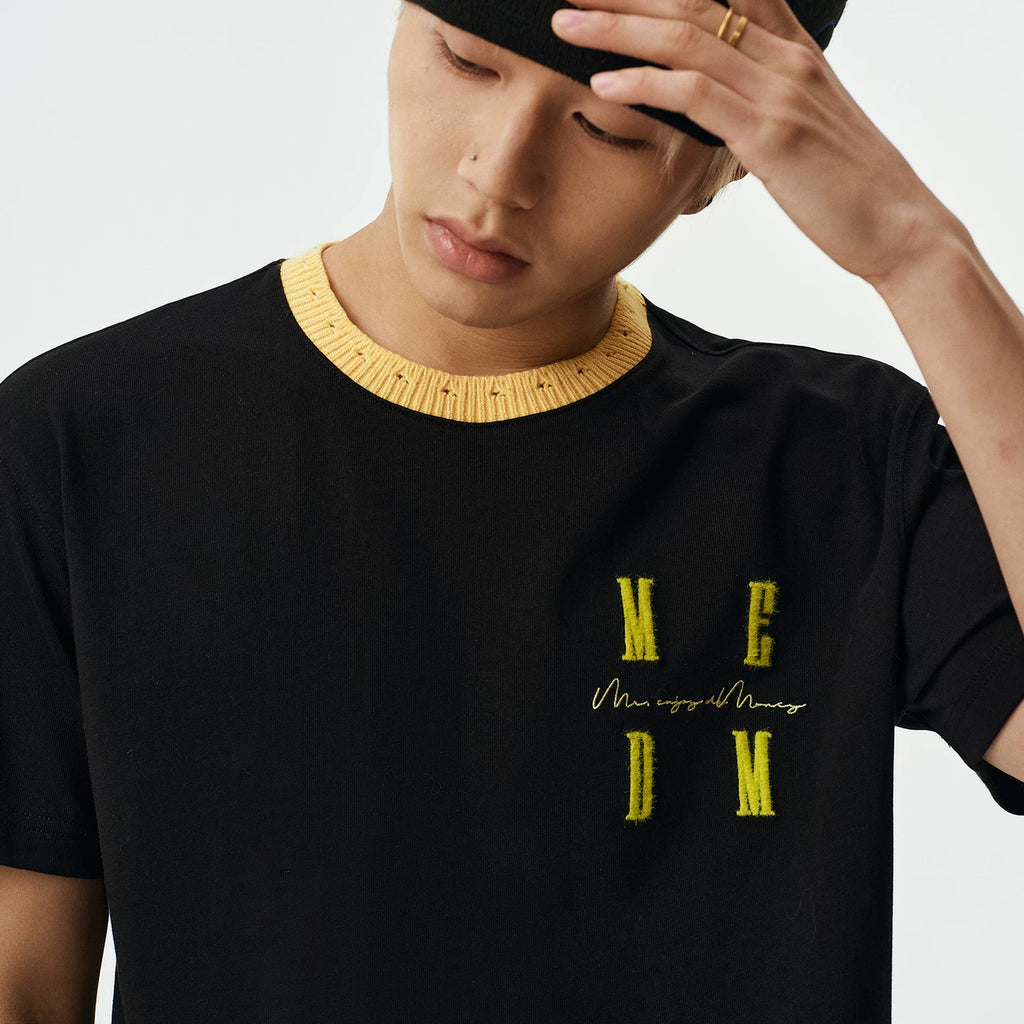 MEDM new color blocking knitted round neckline casual T-shirt trend versatile letter embroidery loose couple short sleeved summer