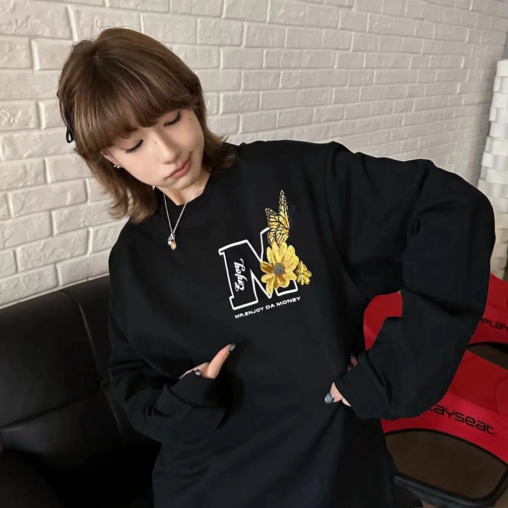 MEDM26SS Butterfly Garden Embroidered Long Sleeve T-shirt for Men and Women, Loose Spring and Autumn Dress, T-shirt, Bottom Coat