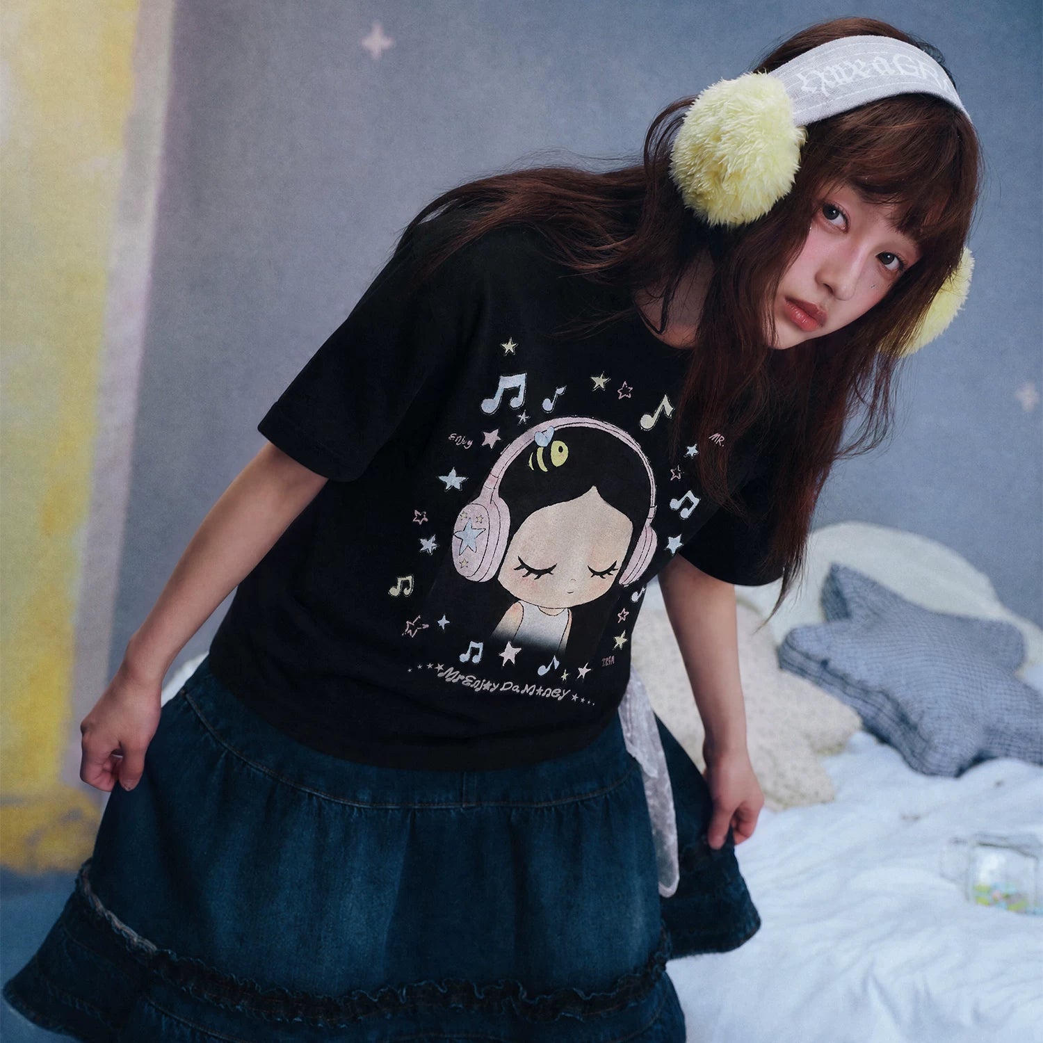 MEDM x Iria mailbox collaboration to enjoy music printed logo casual mini short sleeved round neck loose T-shirt