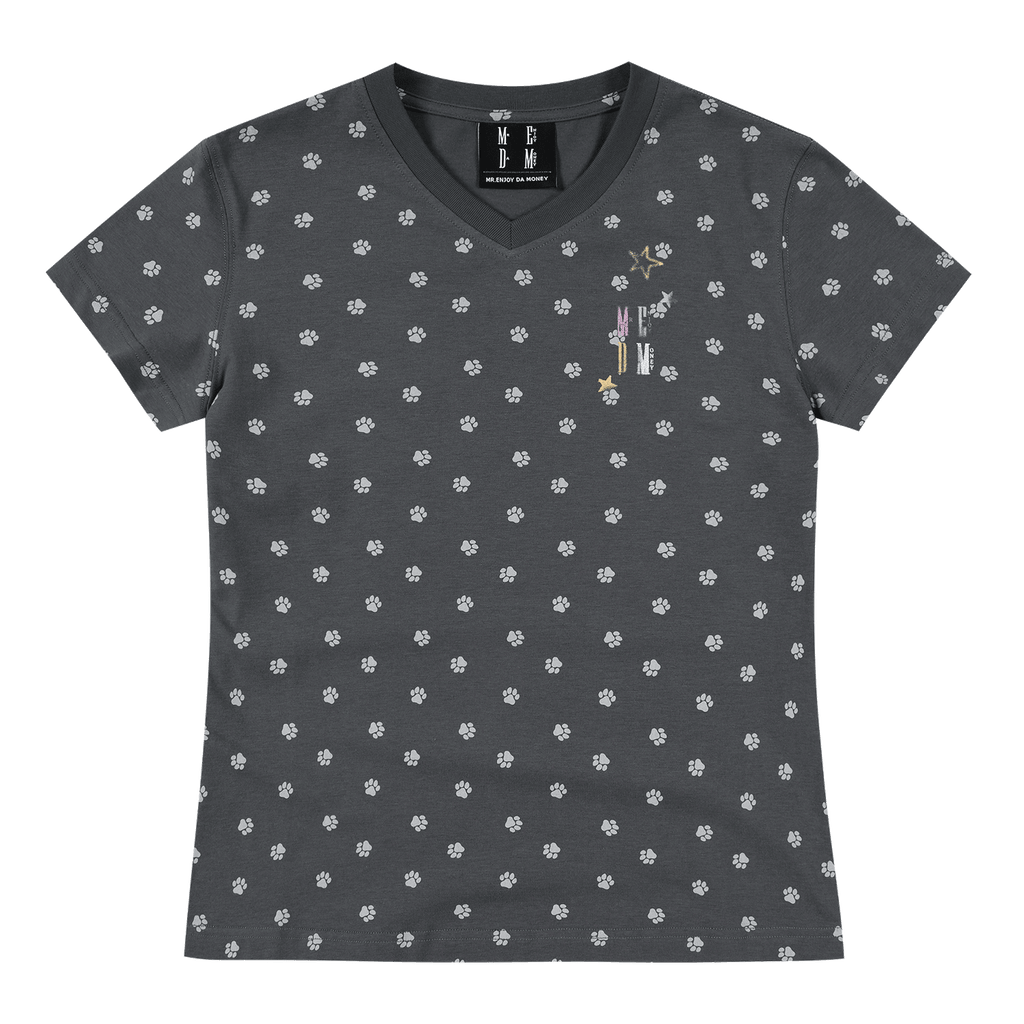 MEDM Short V-neck Dog Claw Full Print Casual T-shirt for Women, Cute Style, Slim Fit, Breathable, Versatile Short Sleeve