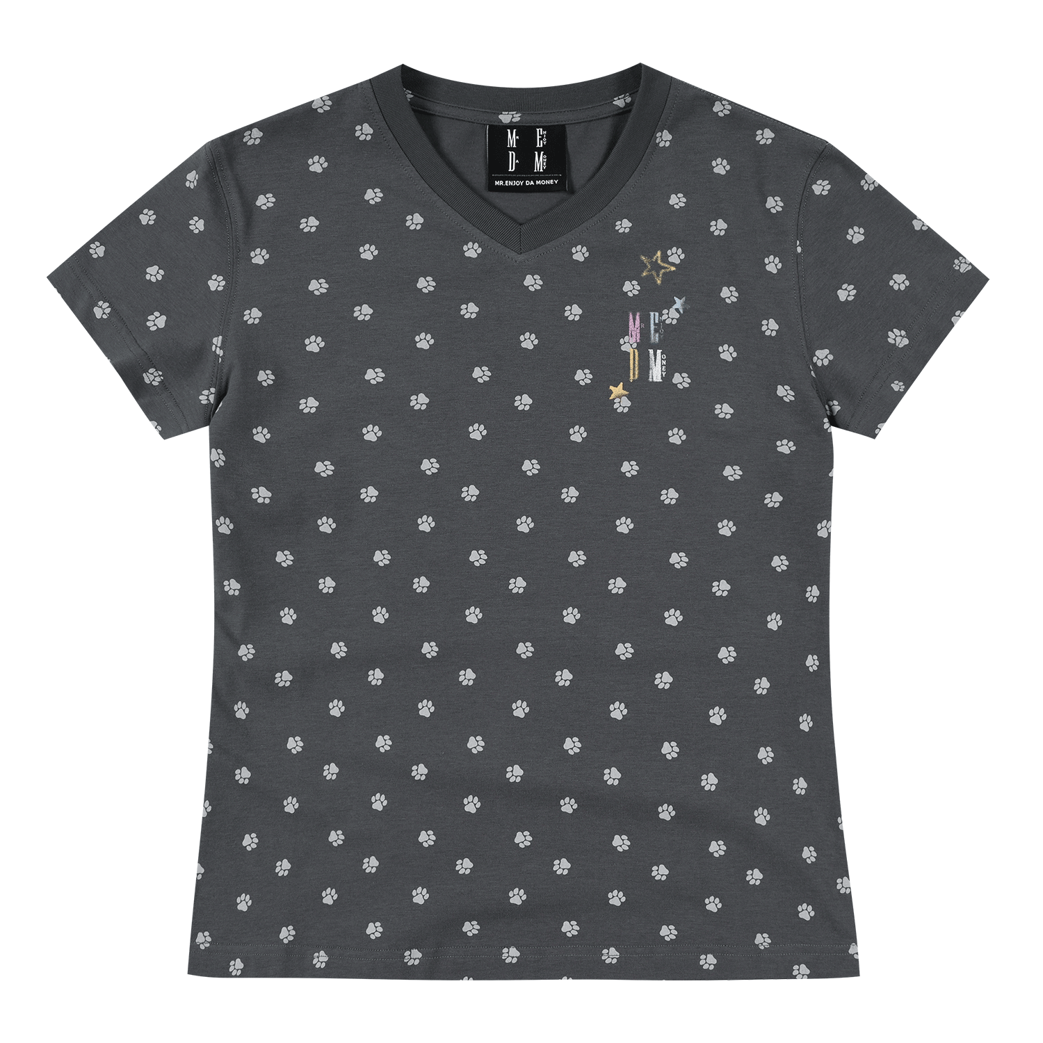 MEDM Short V-neck Dog Claw Full Print Casual T-shirt for Women, Cute Style, Slim Fit, Breathable, Versatile Short Sleeve