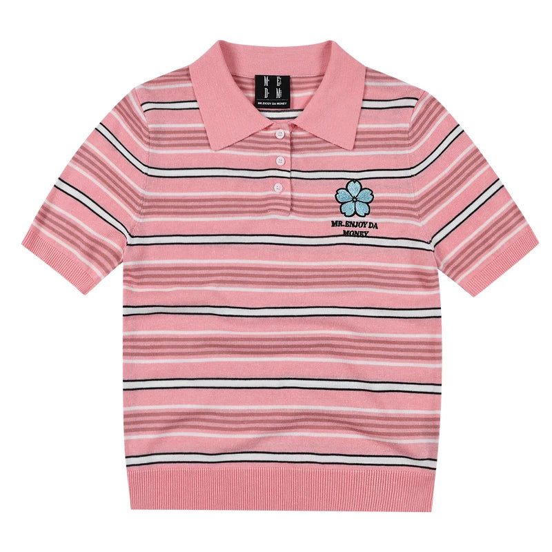 MEDM fine striped floral embroidery women's casual lapel polo knit shirt slimming loose short sleeved top summer
