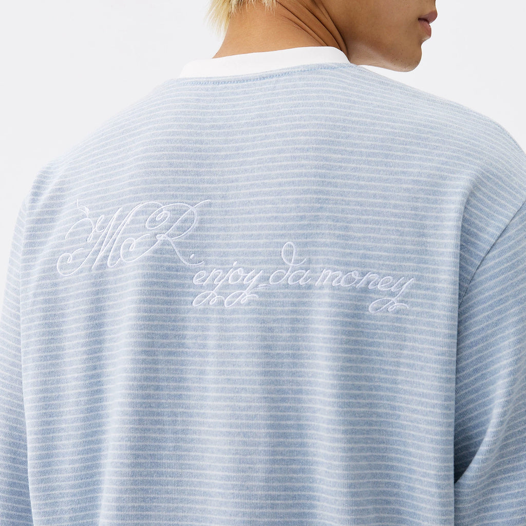 MEDM letter embroidery Henry collar striped casual long sleeved T-shirt for spring and autumn American versatile loose fitting men and women's top t