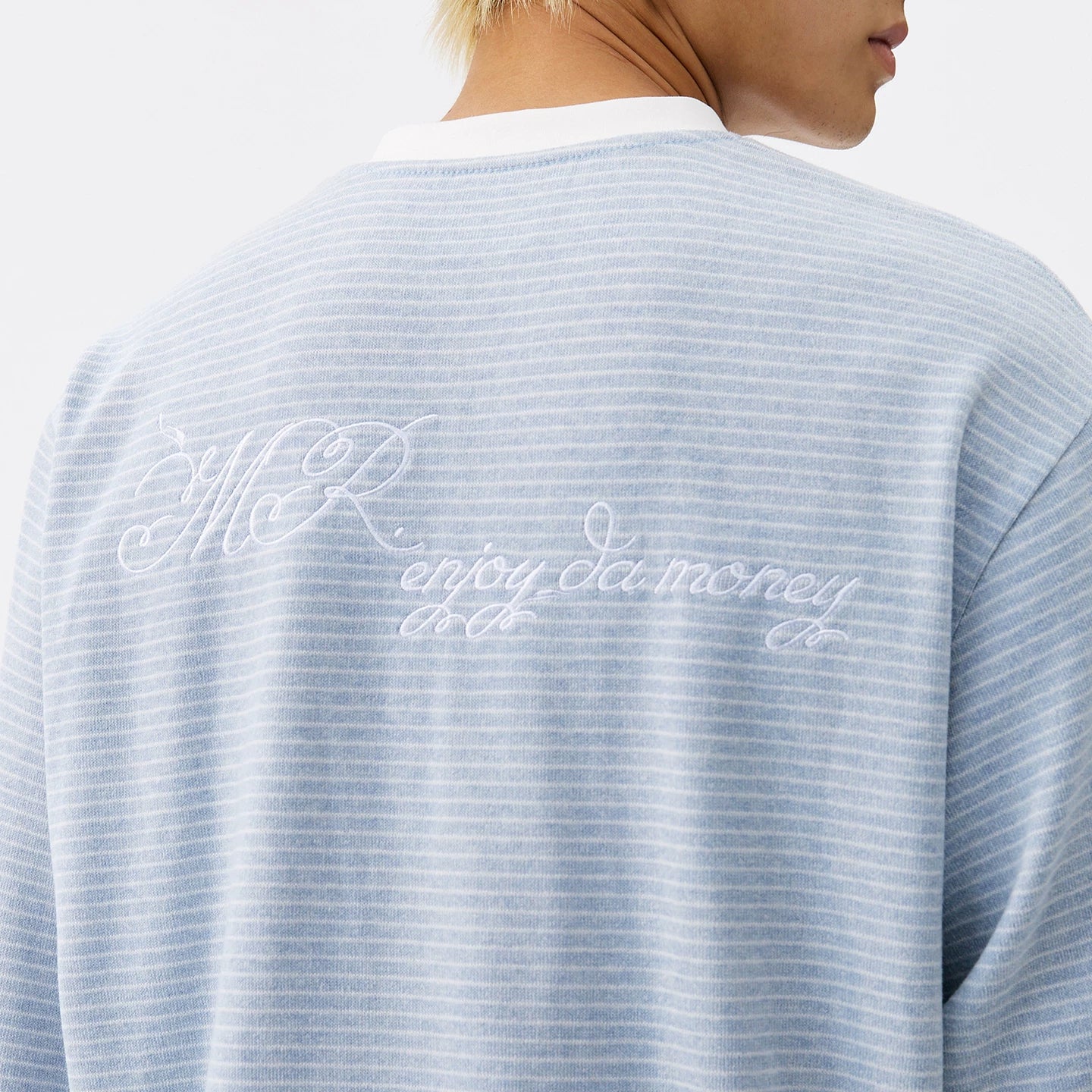 MEDM letter embroidery Henry collar striped casual long sleeved T-shirt for spring and autumn American versatile loose fitting men and women's top t