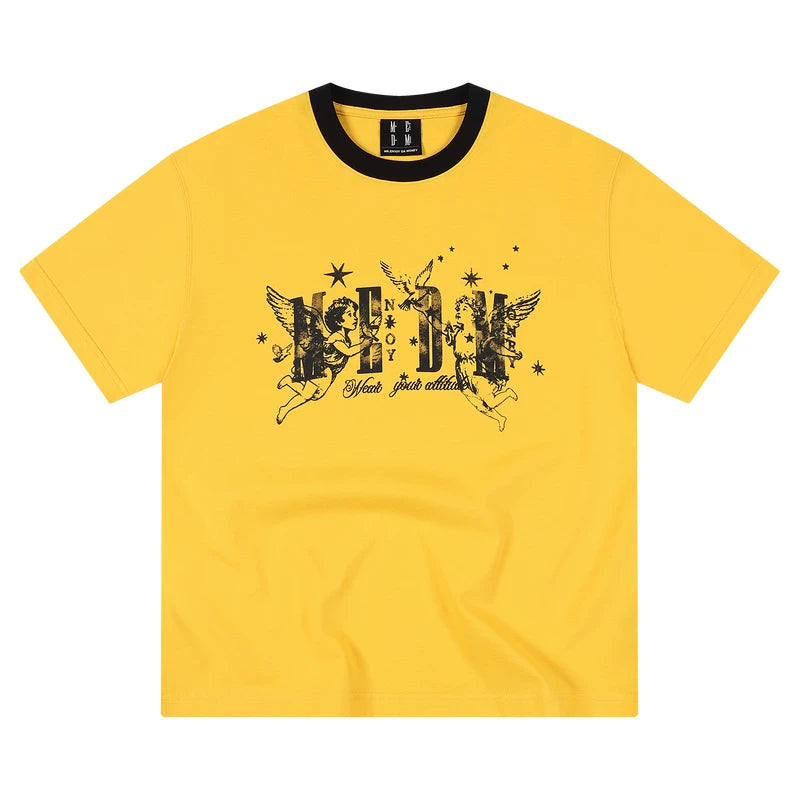 MEDM Little Angel Star Retro Contrast Round Neck Casual Short Sleeve Street Versatile Relaxation Loose Couple T-shirt