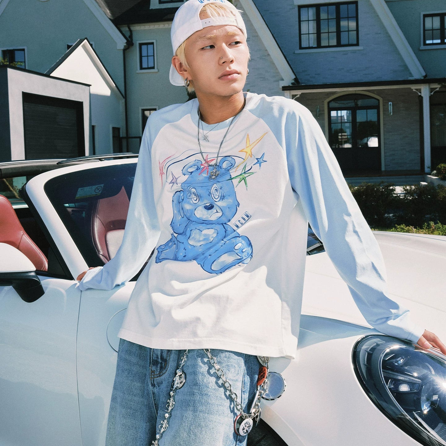 MEDM Dazzling Bear Series Printed Thin Fabric Shoulder Insertion Long Sleeve T-shirt Spring and Autumn Trendy Brand Round Neck Couple's Top