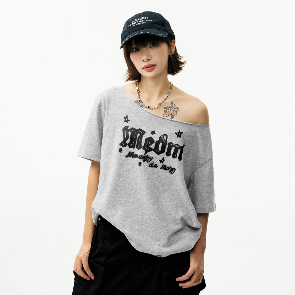 MEDM Graffiti Style Loose Edition Slant Shoulder Skin friendly T-shirt Street Lazy Style Versatile Breathable slimming casual short sleeved women