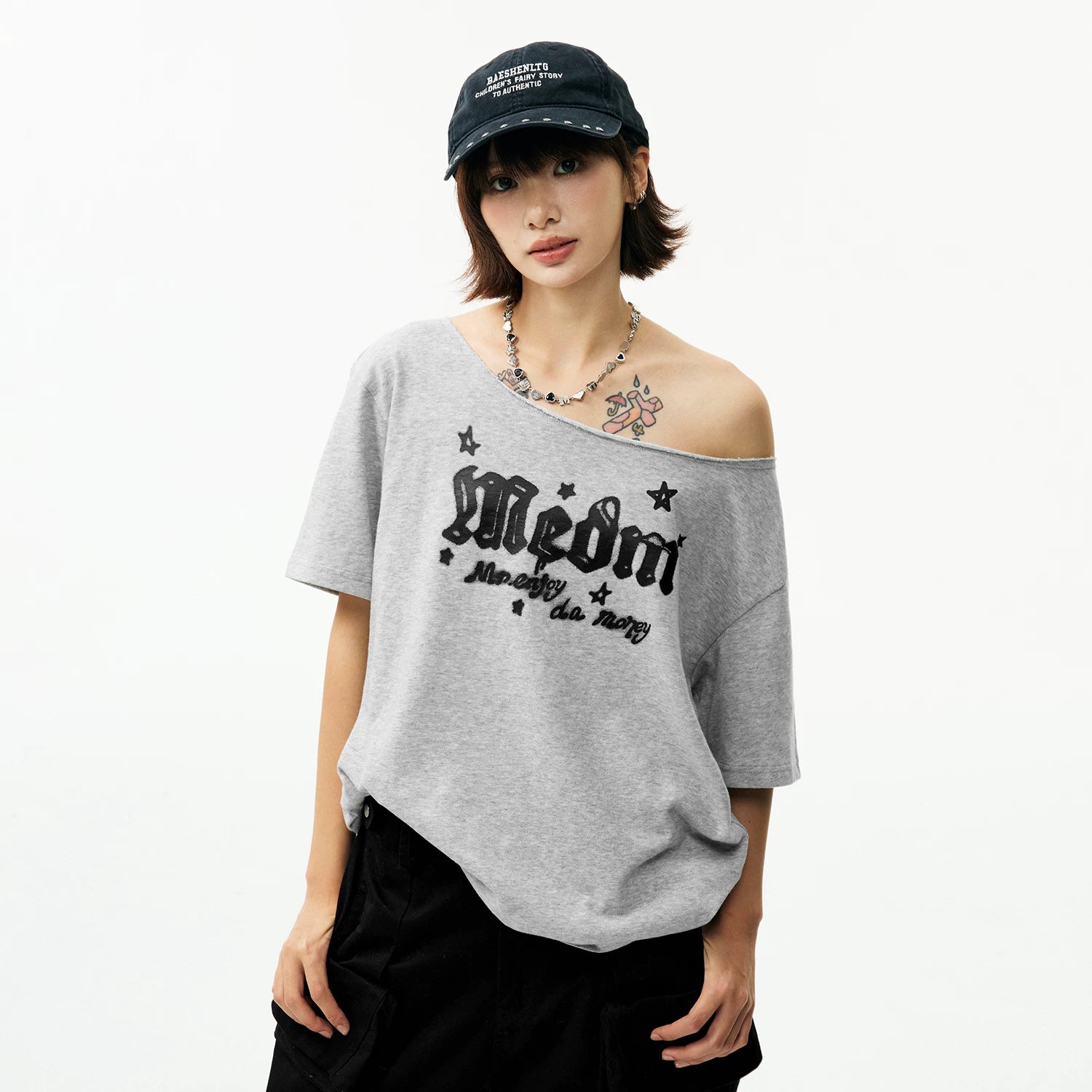 MEDM Graffiti Style Loose Edition Slant Shoulder Skin friendly T-shirt Street Lazy Style Versatile Breathable slimming casual short sleeved women