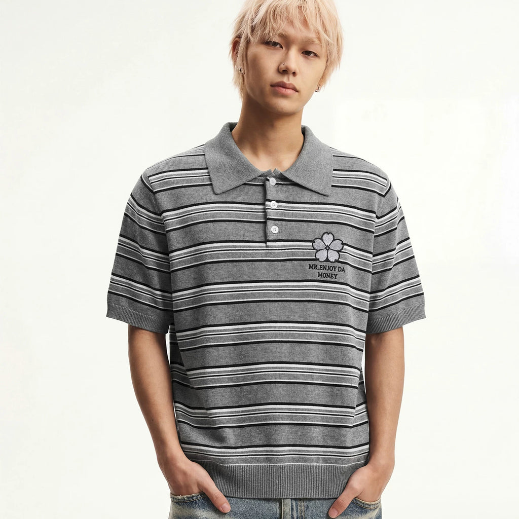 MEDM fine stripe three-dimensional small flower embroidery men's casual lapel polo knitted shirt loose short sleeved top summer