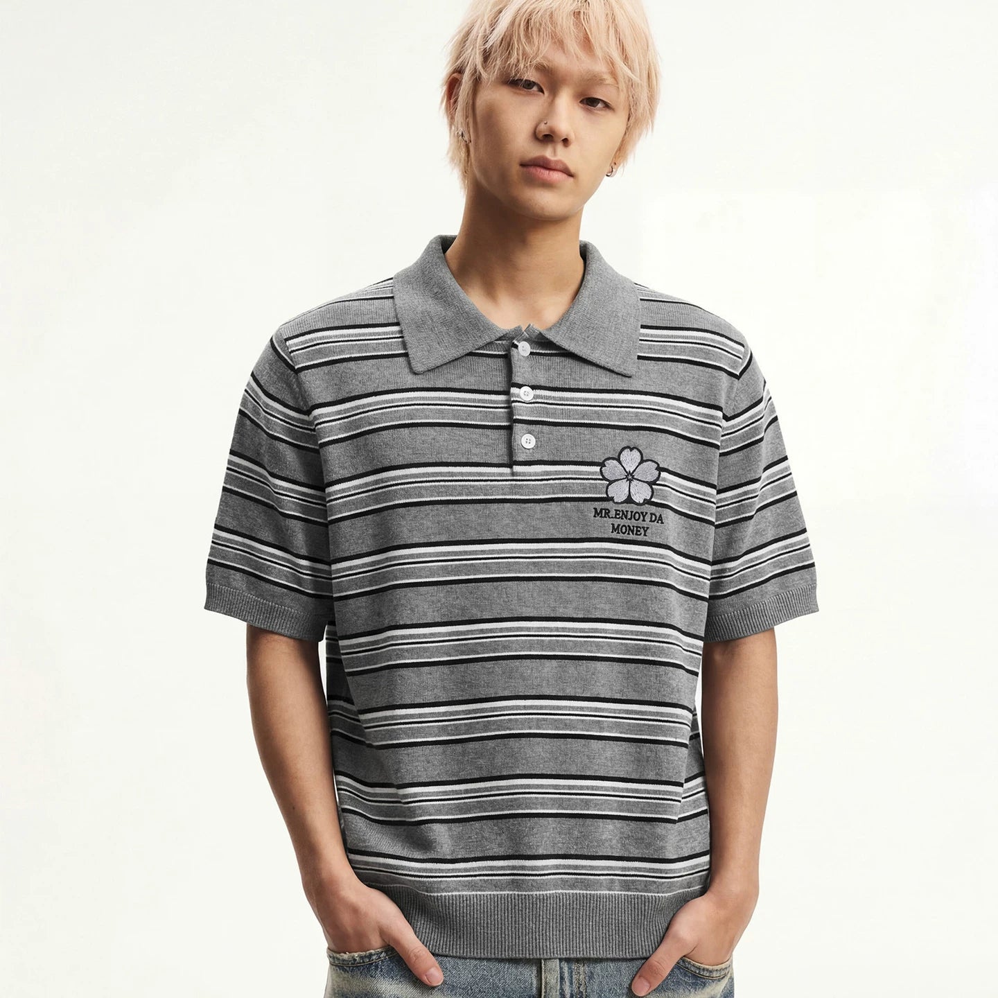 MEDM fine stripe three-dimensional small flower embroidery men's casual lapel polo knitted shirt loose short sleeved top summer