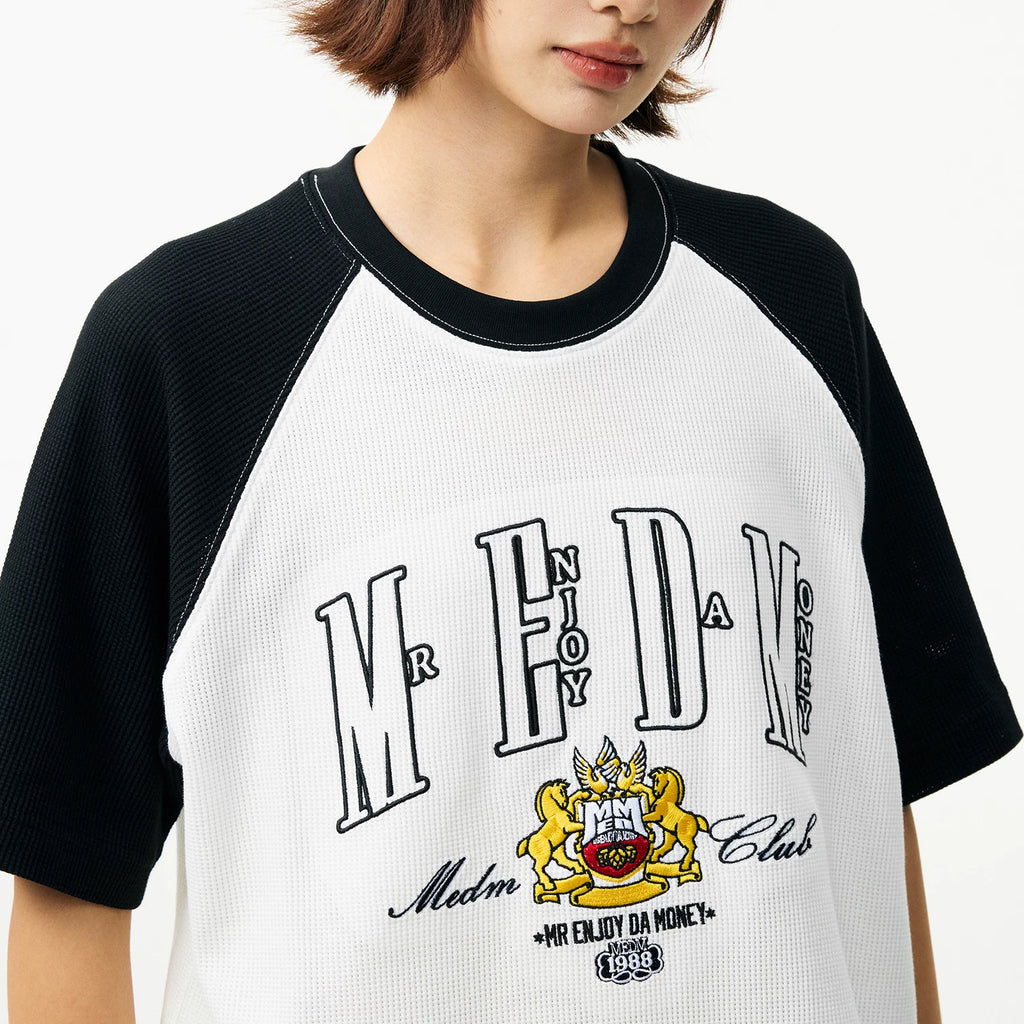 MEDM textured Waffle raglan sleeves, comfortable and breathable loose T-shirt, trendy commuting, contrasting colors, casual short sleeved summer
