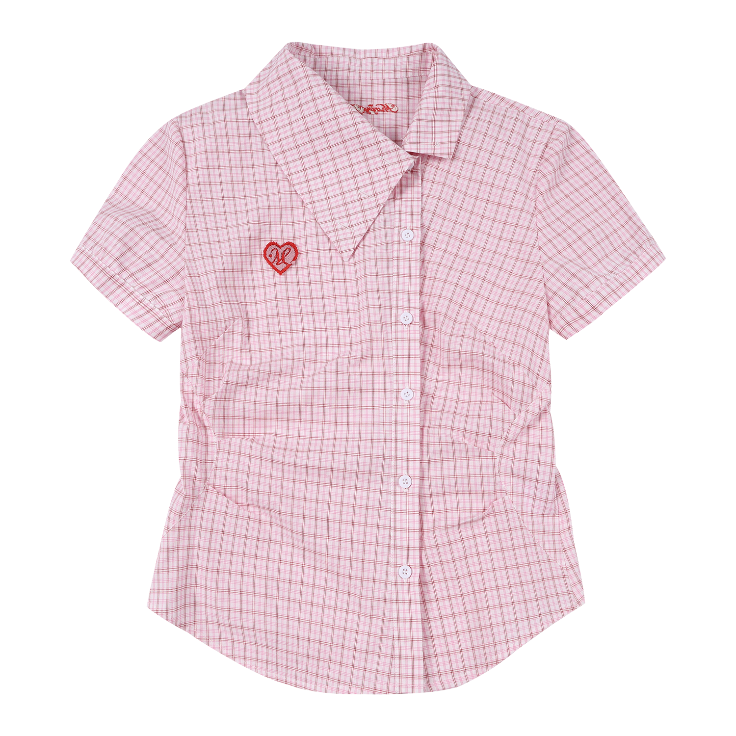 MEDM heart-shaped checkered slanted waist casual short sleeved shirt with sweet and cool embroidery, slim fit and slimming short top for women