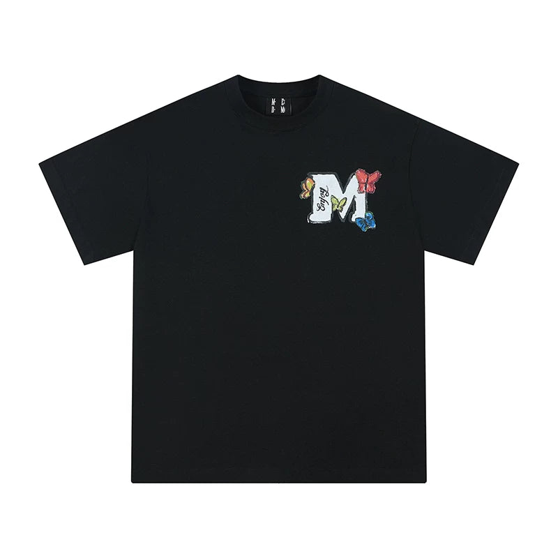 MEDMxNewsus collaboration butterfly garden walking short sleeved T-shirt for both men and women, summer trendy brand couple outfit T-shirt