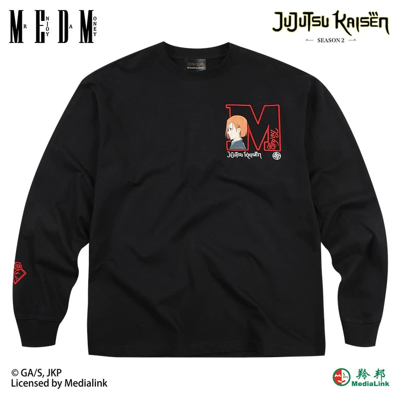 MEDM x Spell Battle Collaboration - Big M Character Avatar Embroidered Letter Casual Water Washed and Velvet Long Sleeve T-shirt for Men