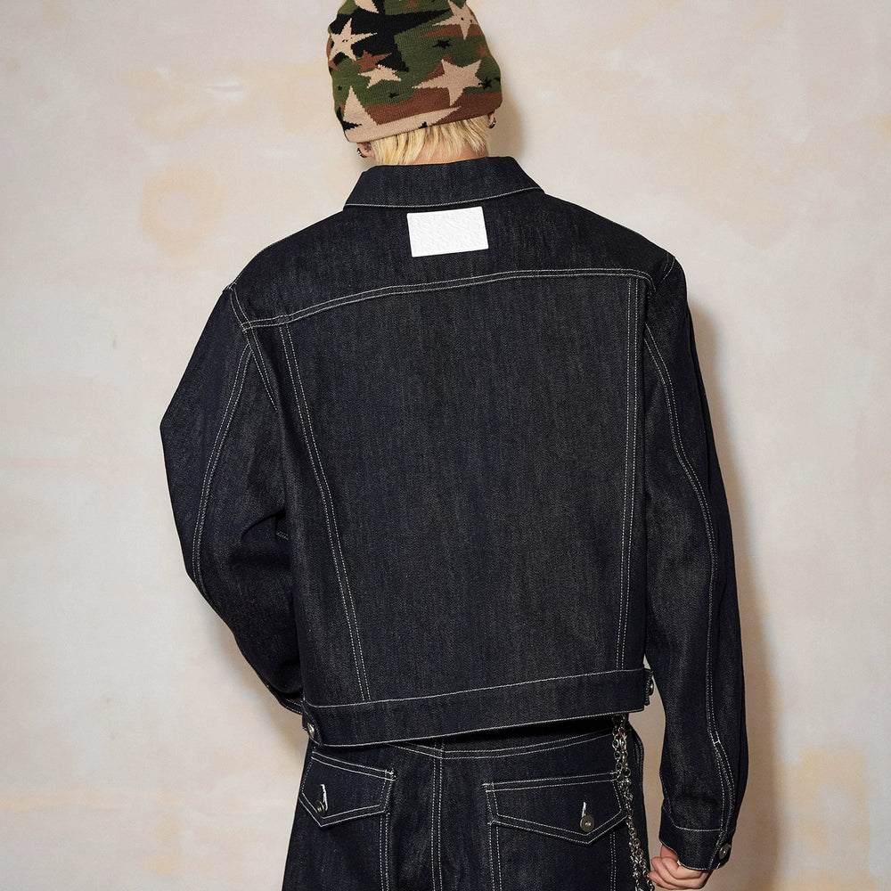 MEDM Original Cow Basic Set Cuff Letter Embroidered Casual Coat Trendy Loose Collar Denim Jacket for Men