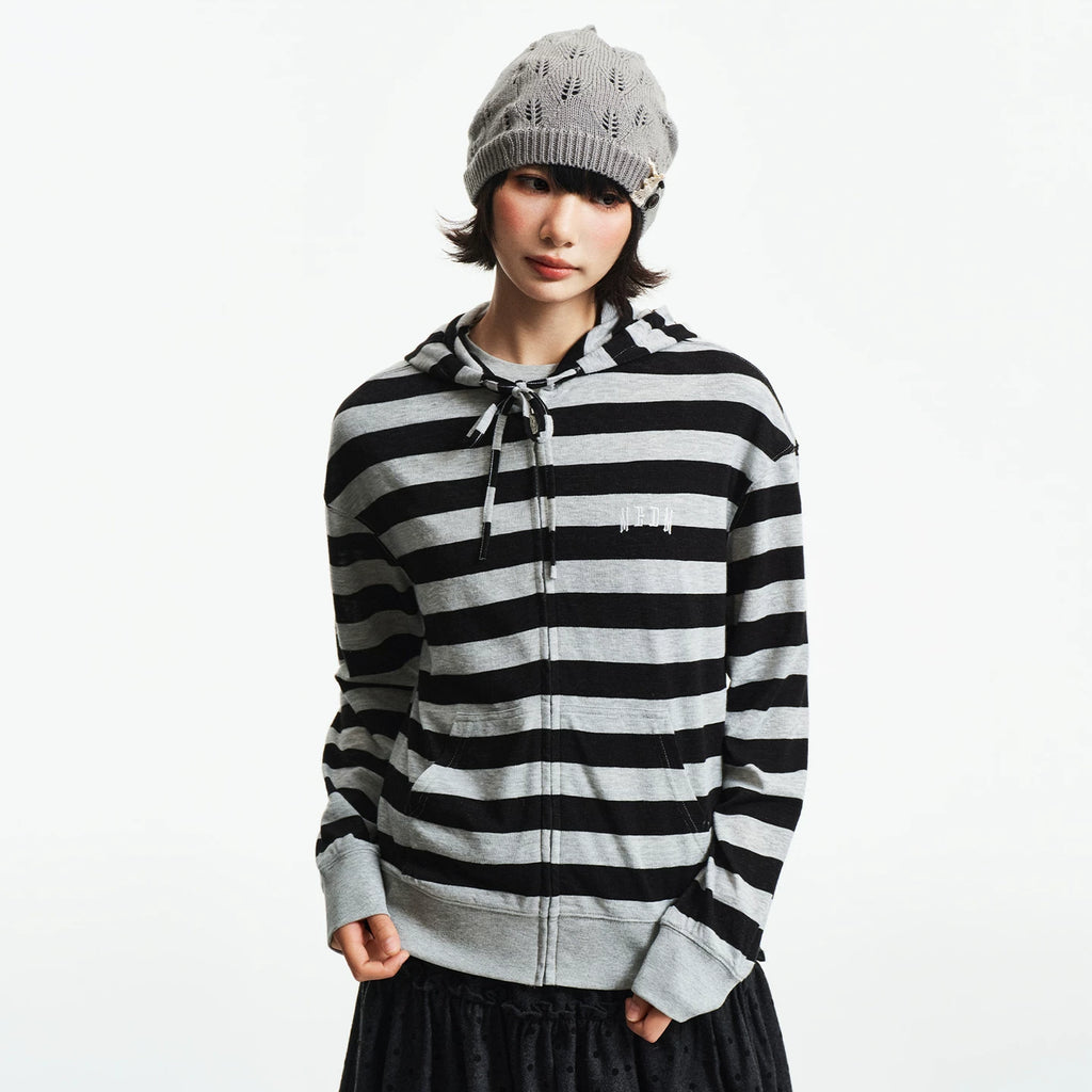 MEDM Knitted Striped Hoodie Embroidered Logo Casual Hoodie Trendy Loose Drawstring Hoodie Coat for Women