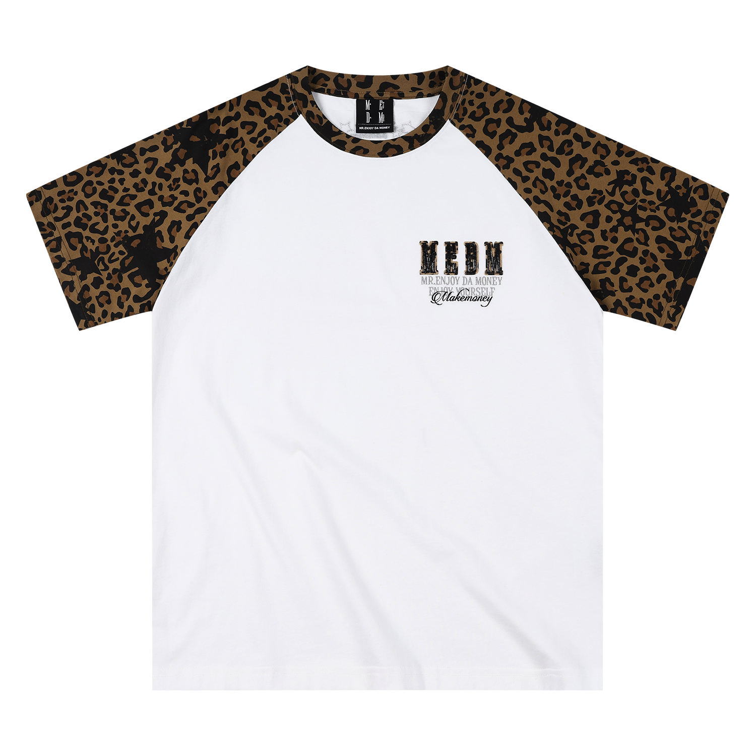 MEDM 冚 Car line raglan sleeves leopard print leather casual short sleeves American retro contrasting shoulder loose men's and women's T-shirts