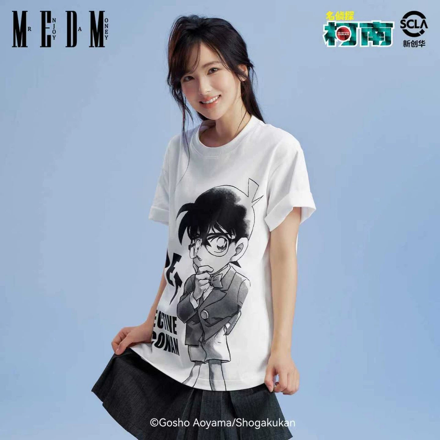 MEDMx Detective Conan co branded black and white anime portrait print casual short sleeved basic versatile couple T-shirt