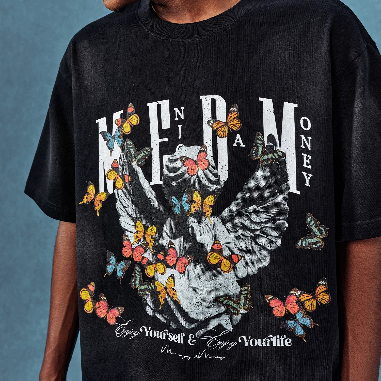 MEDM Angel Butterfly Wash Short Sleeve Casual Round Neck T-shirt for Men and Women Summer American Hip Hop Trendy Brand T-shirt Tee