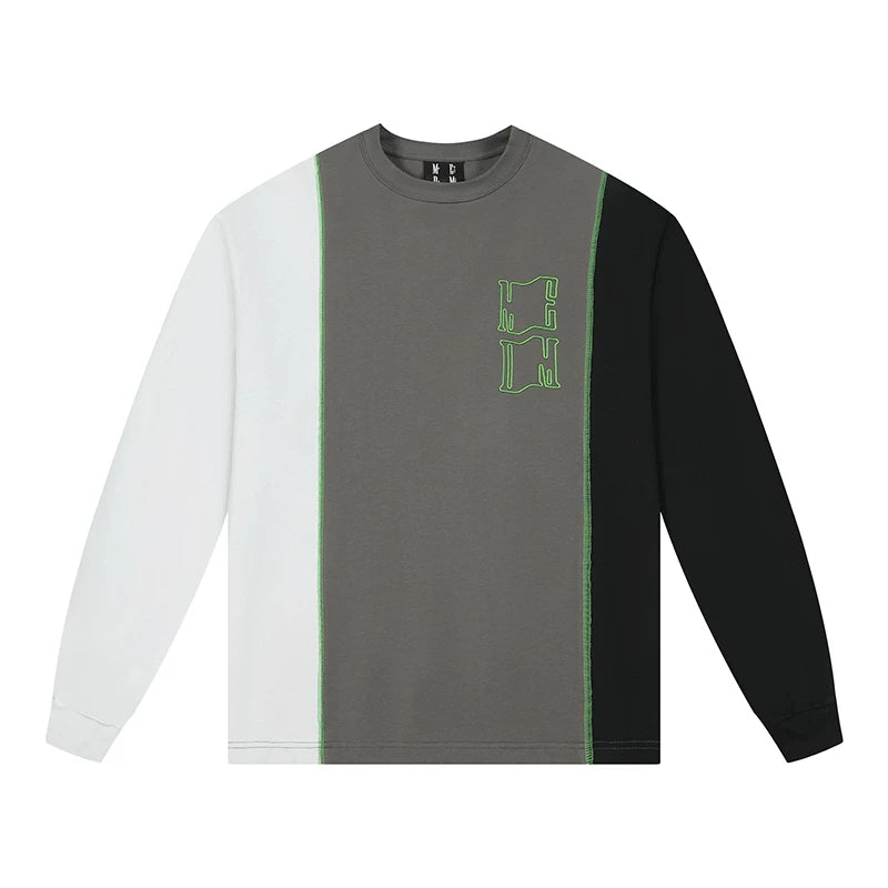 MEDM tricolor stitched letter embroidered round neck long sleeved t-shirt for men and women, ins trendy loose casual base shirt top