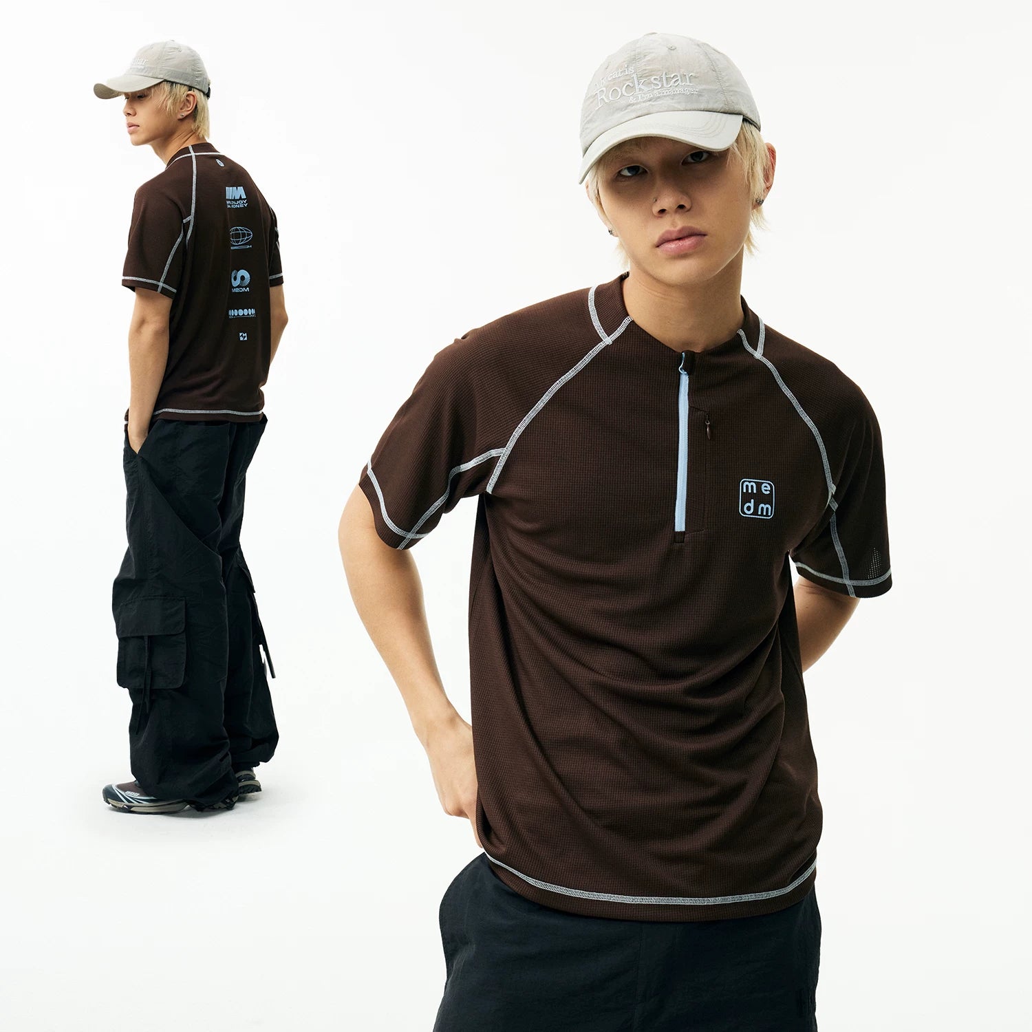 MEDM plaid quick drying half zipper sports style casual short sleeved trendy breathable loose men's and women's T-shirt half sleeve summer