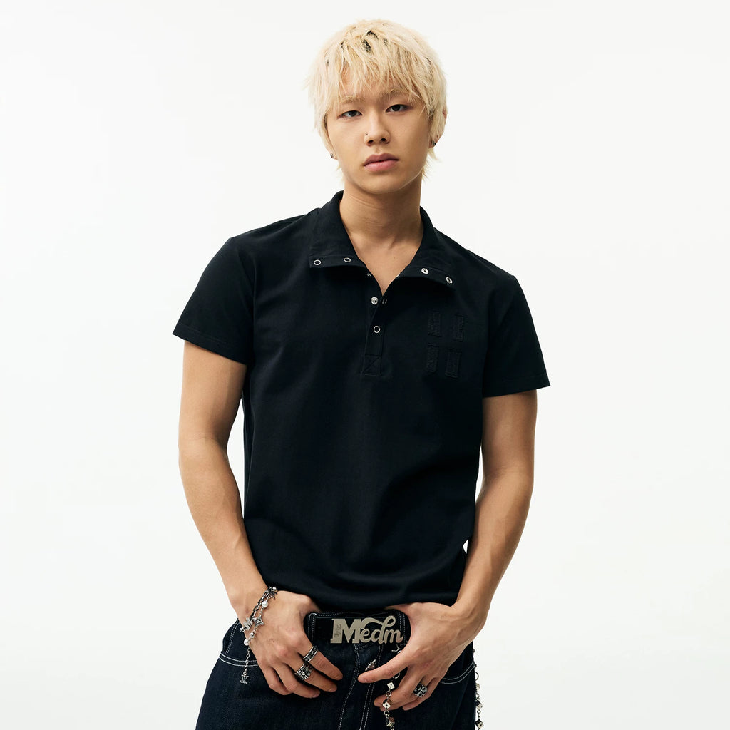 MEDM Embroidered Logo Casual Stand up Collar Short Sleeve Trendy Basic Versatile Simple Unisex Loose T-shirt