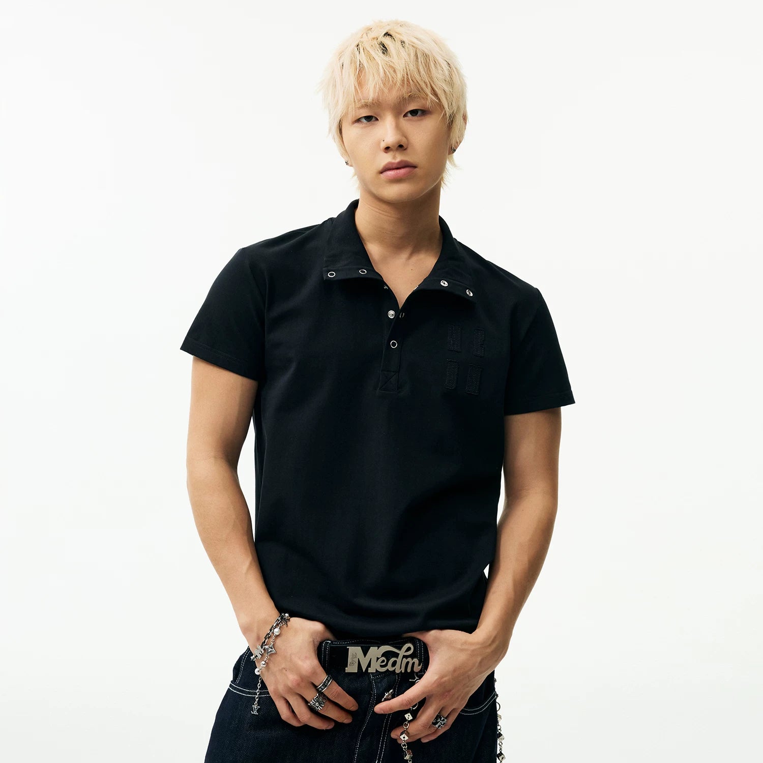 MEDM Embroidered Logo Casual Stand up Collar Short Sleeve Trendy Basic Versatile Simple Unisex Loose T-shirt