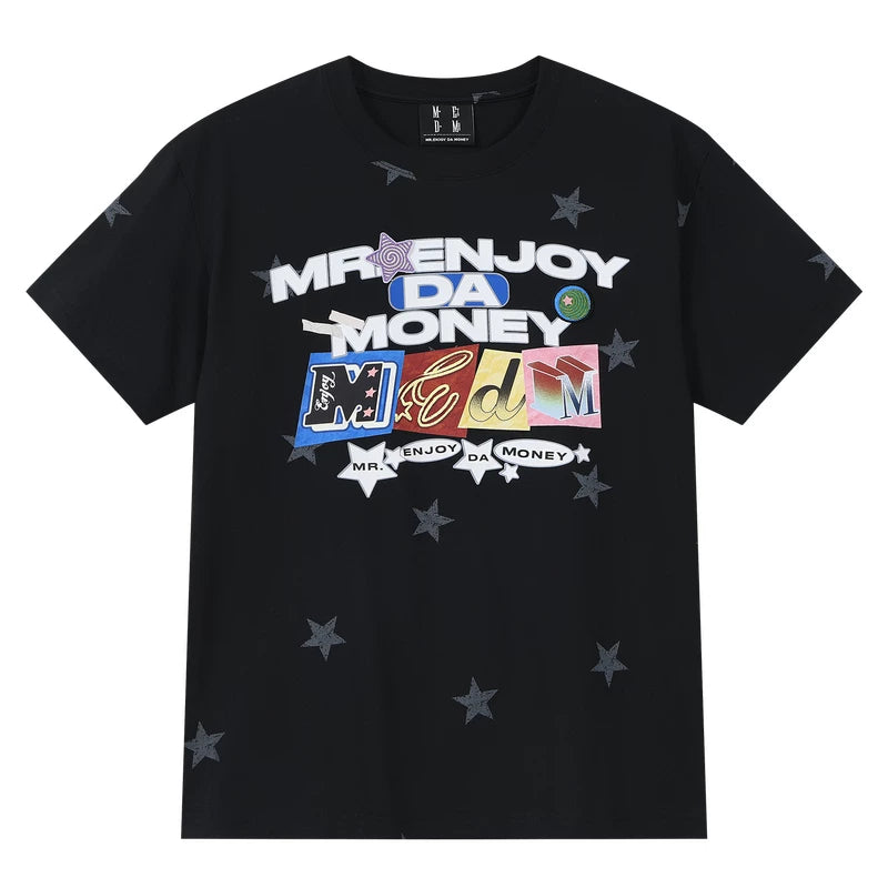 MEDM full print hand-painted star letter print embroidery casual round neck short sleeved trendy loose skin friendly couple T-shirt