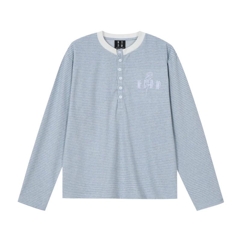 MEDM letter embroidery Henry collar striped casual long sleeved T-shirt for spring and autumn American versatile loose fitting men and women's top t