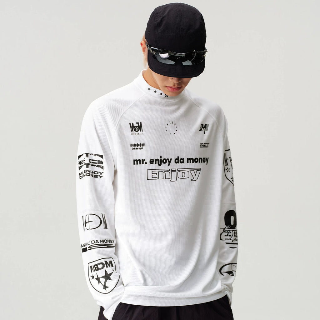 MEDM combination letter logo print contrasting bright line sports long sleeved T-shirt trendy outdoor casual quick drying top