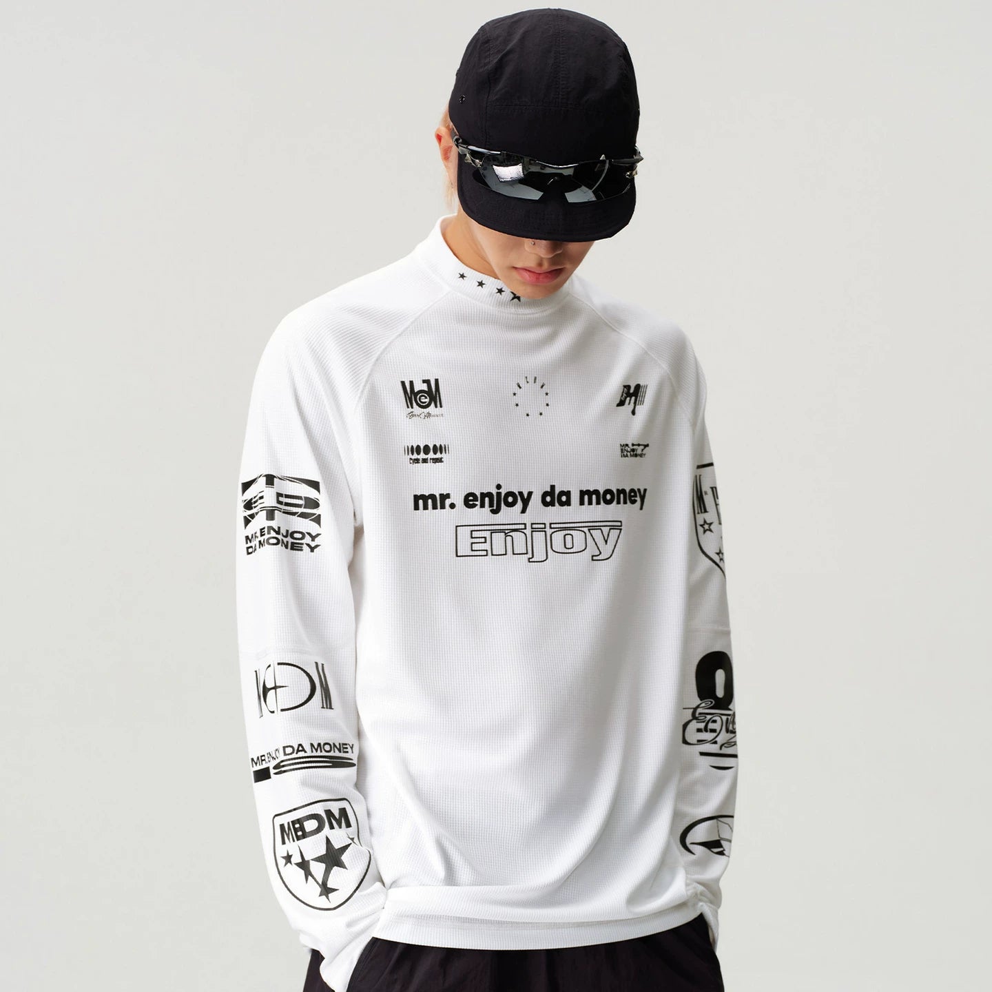 MEDM combination letter logo print contrasting bright line sports long sleeved T-shirt trendy outdoor casual quick drying top