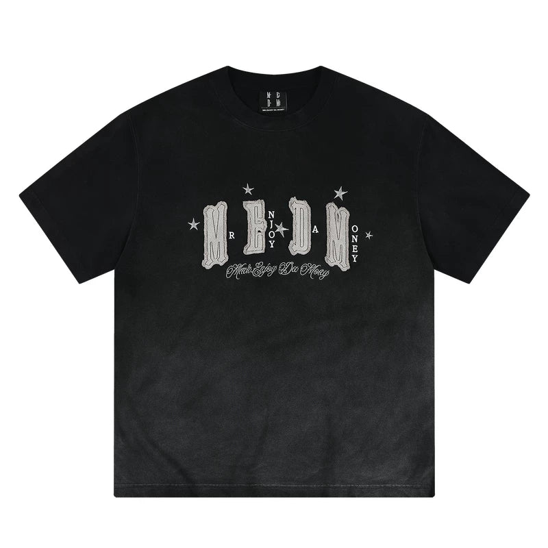 MEDM gradient washed cloth embroidered logo casual round neck short sleeved summer street versatile simple loose couple T-shirt