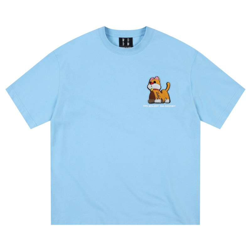 MEDM Pet Kitten Toothbrush Embroidery Velcro Short Sleeve Casual T-shirt Simple and Versatile for Men and Women Couple Short Tee
