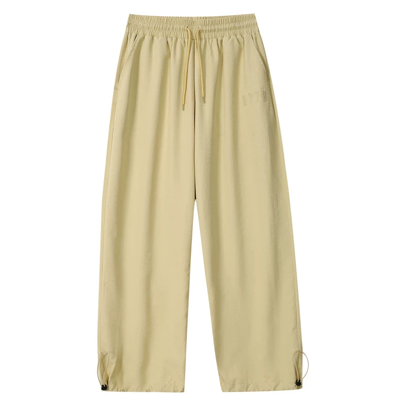 MEDM solid color simple wide leg casual loose straight tube paratrooper pants with side drawstring versatile commuting floor pants for men