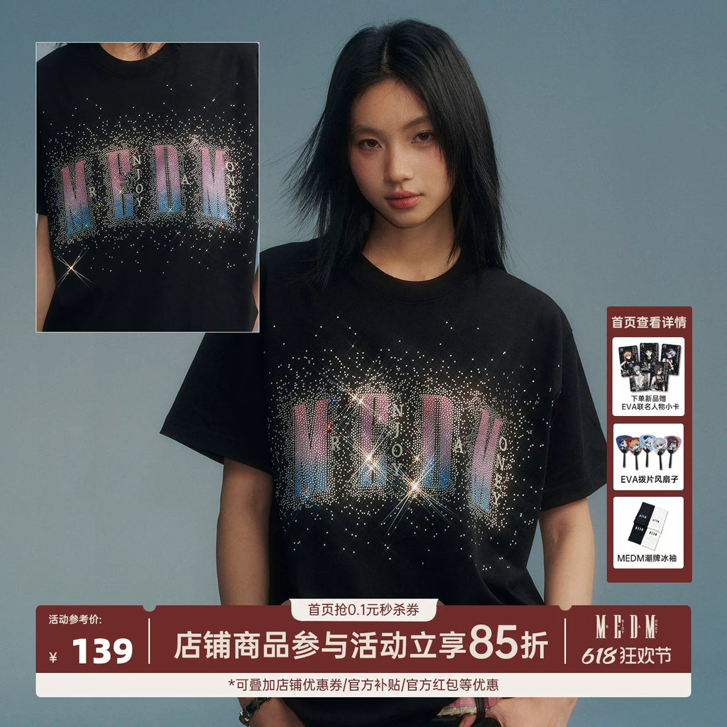 MEDM new gradient logo with diamond print casual round neck T-shirt for summer street glitter loose short sleeved men and women