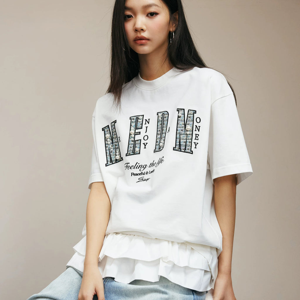 Shen Yue's same MEDM26SS small fragrance filled pearl letter short sleeved T-shirt for men's summer American style T-shirt