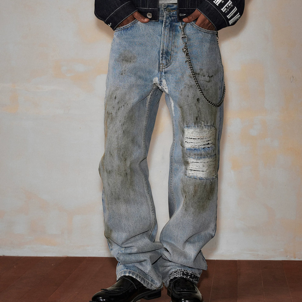 MEDM washed, worn, pasted fabric, ethnic style, casual denim pants, trendy brand, street loose straight leg ripped pants, autumn