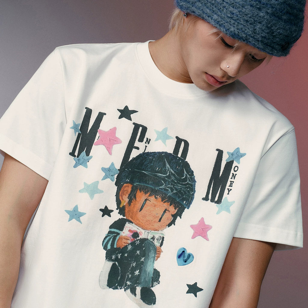 MEDMxNEWMASUS joint love letter print star pattern casual couple short sleeved summer round neck T-shirt trendy