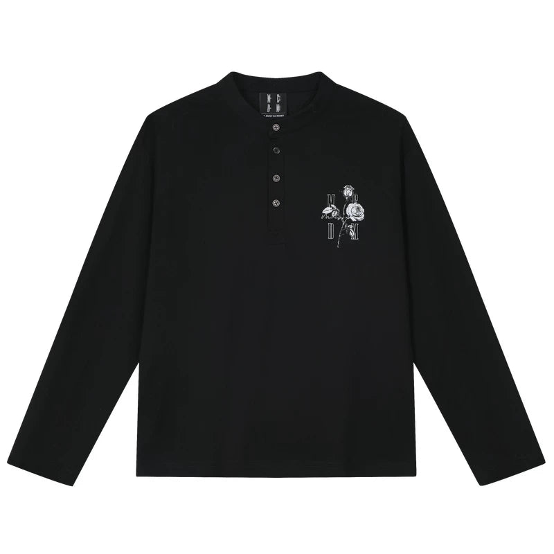 MEDM black and white rose distressed lightweight Henry collar long sleeved T-shirt American casual couple jacket Spring and Autumn