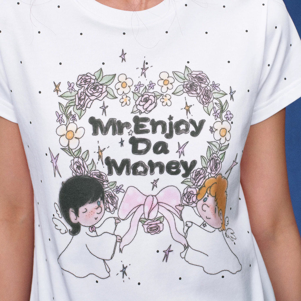MEDM white floral wreath with little angel print casual round neck short sleeved shirt with full printed polka dot floral loose T-shirt for women, summer style