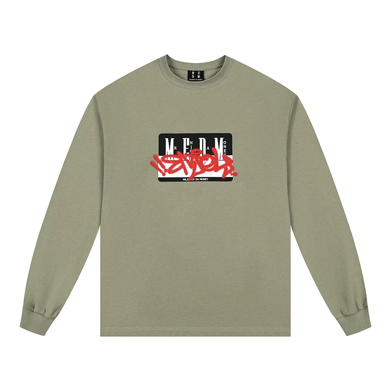 MEDMbox long sleeved T-shirt men's autumn trendy brand American hip-hop retro casual T-shirt loose and versatile pullover top